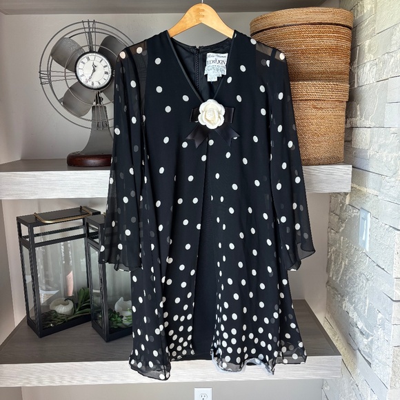Rickie Freeman Luxury Silk Formal Dress Blk/White Dots Sacks Fifth Ave - Picture 1 of 5